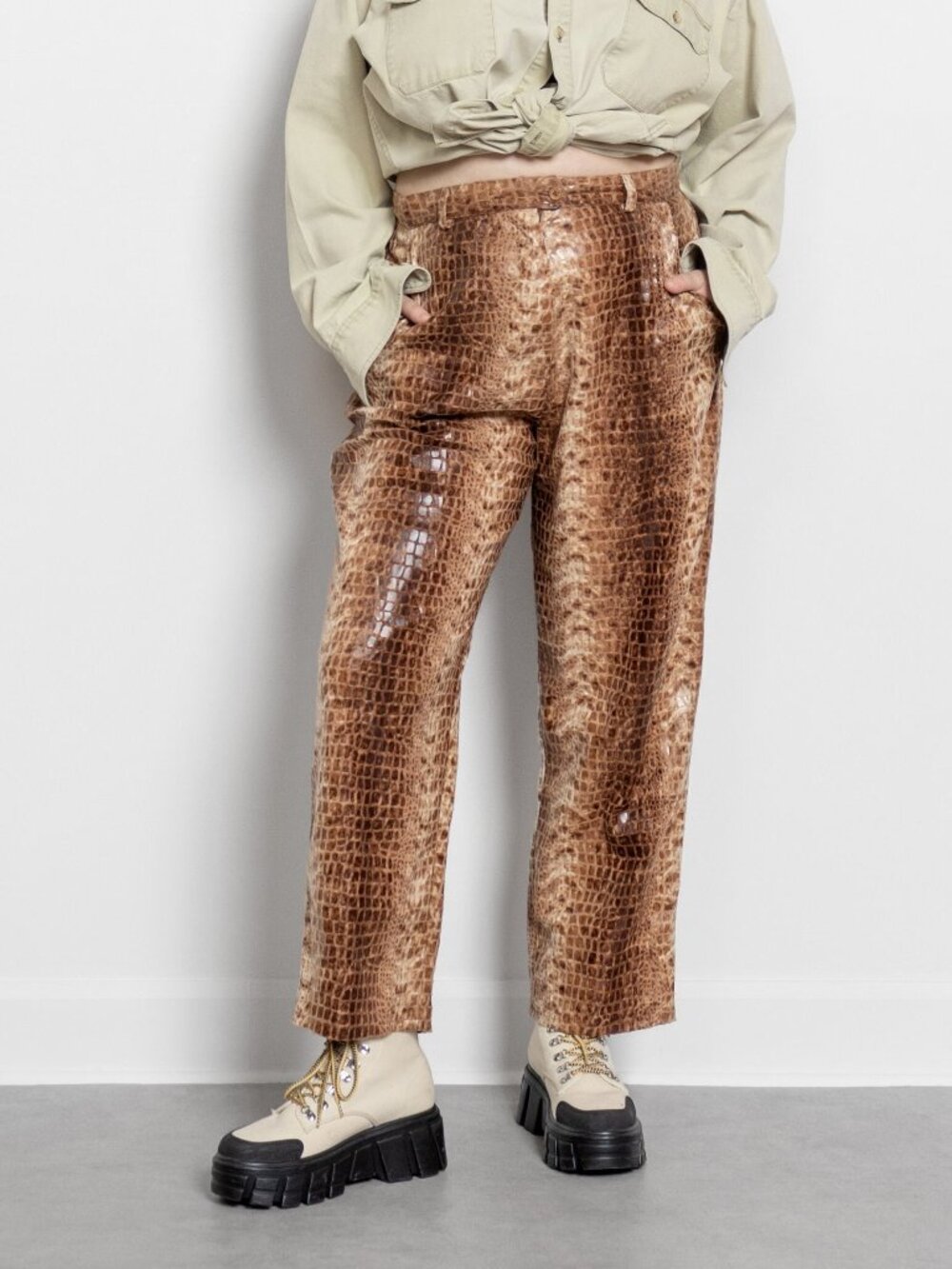 Vintage Faux Leather Alligator Print Trousers, High Waist Vegan Pants / 36 Inch